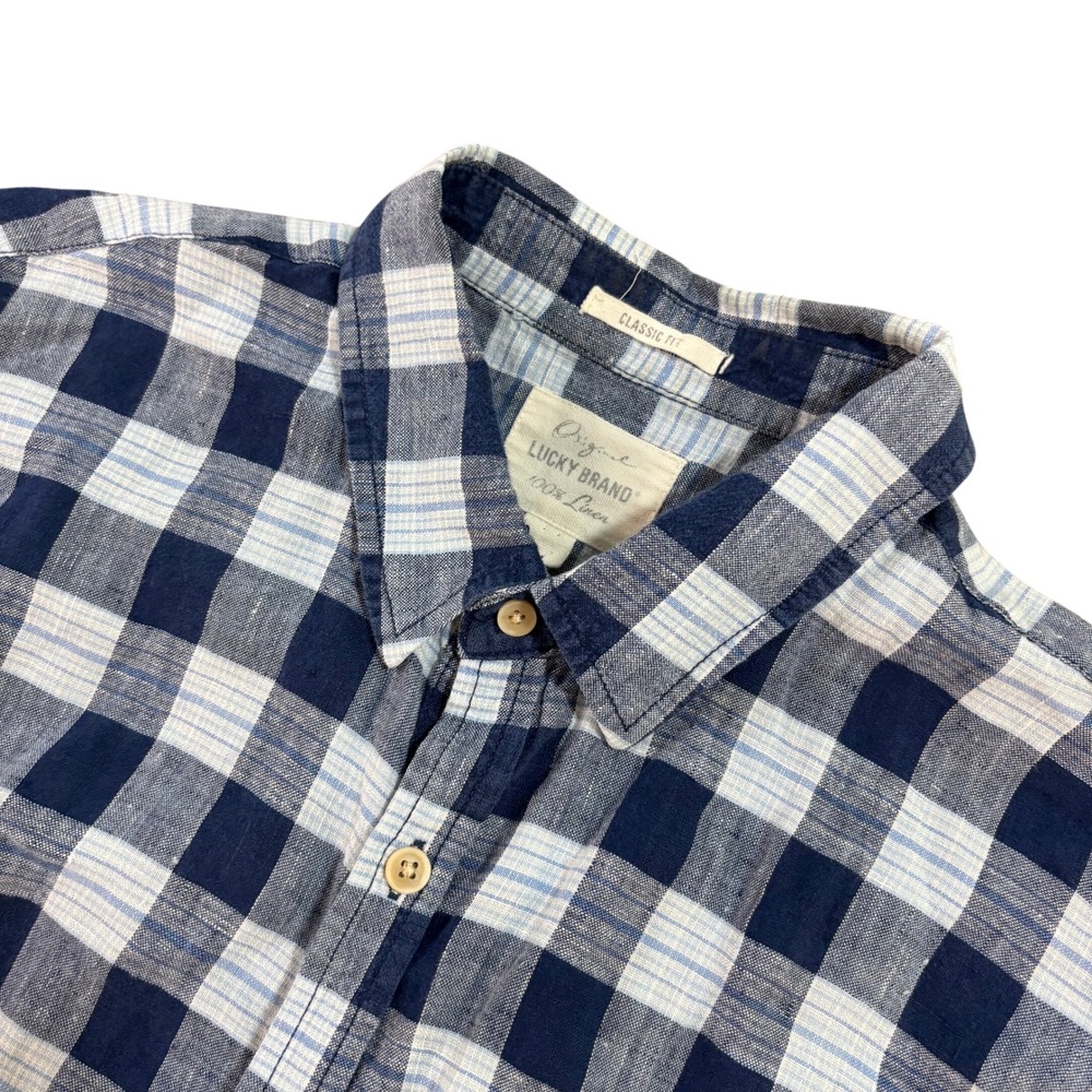 Lucky Brand Mens Blue White Buffalo Plaid Linen Short Sleeve Shirt Classic Fit